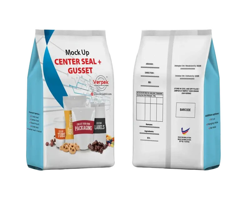 Center Seal with Gusset - Enhanced volume capacity custom flexible packaging Malaysia