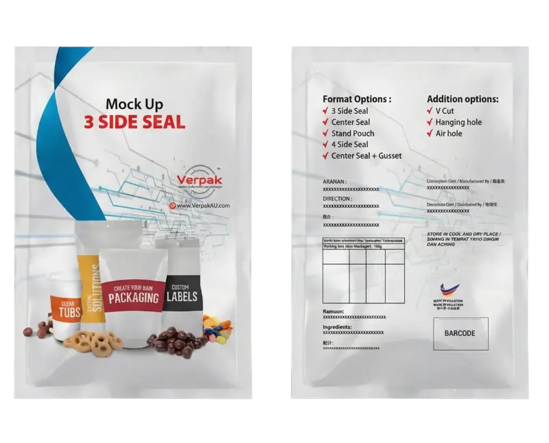 Three Side Seal - Versatile standard design custom flexible packaging Malaysia